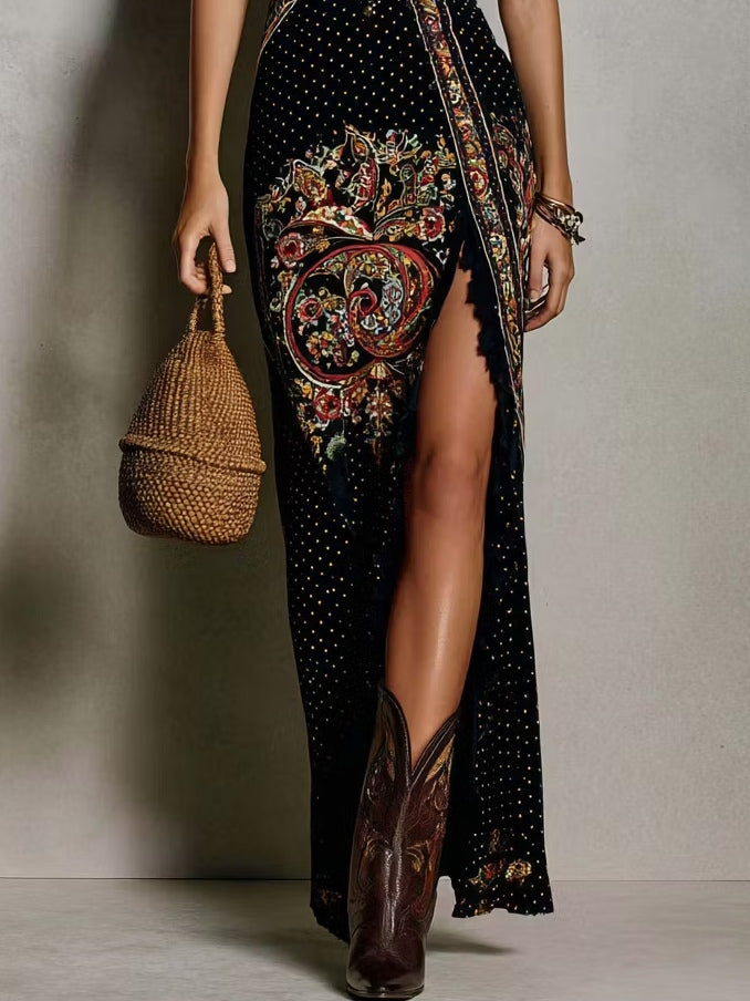 Clara | Vestido estampado estilo bohemio con cuello en V profundo y abertura alta