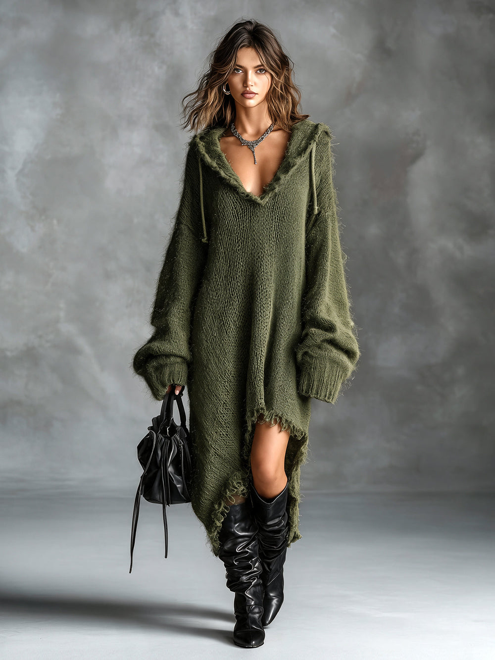 Florelle | Robe midi oversize, en maille douce, avec capuche, manches longues, ourlet asymétrique et bords non finis