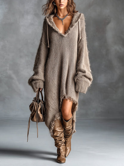 Florelle | Robe midi oversize, en maille douce, avec capuche, manches longues, ourlet asymétrique et bords non finis