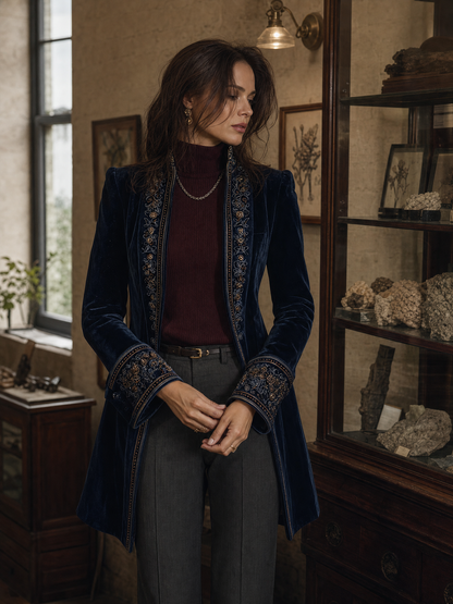 Arya | Veste longue vintage en velours de polyester bleu marine brodée