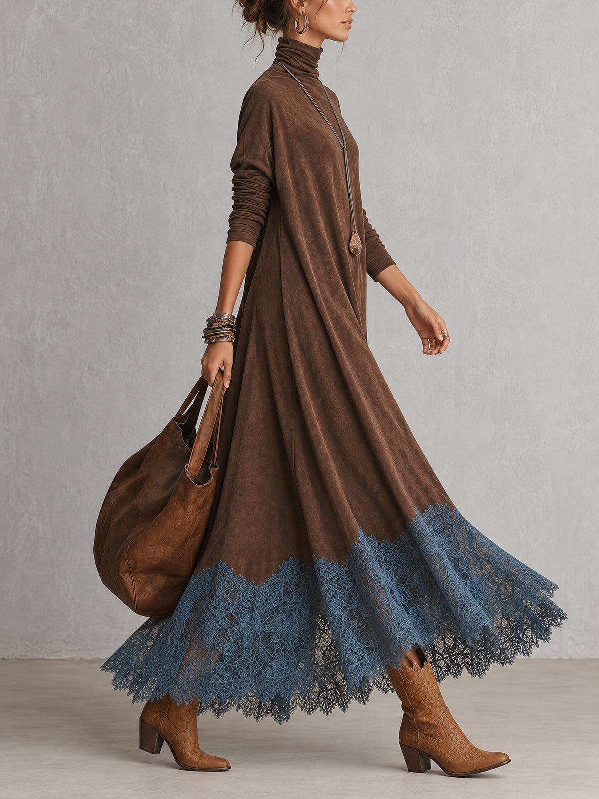 Solène | Robe longue à manches longues et ourlet en dentelle, effet daim marron vintage