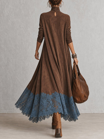 Solène | Robe longue à manches longues et ourlet en dentelle, effet daim marron vintage