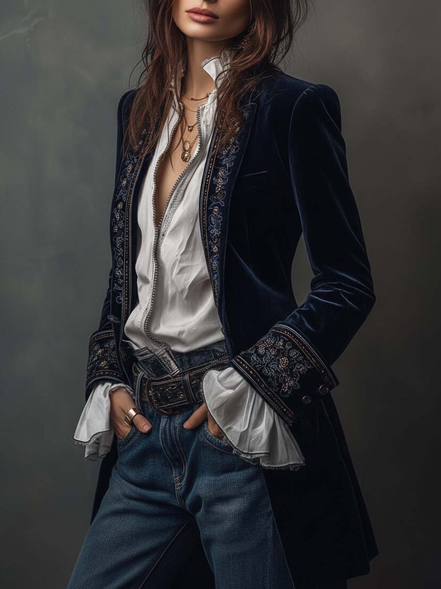 Arya | Veste longue vintage en velours de polyester bleu marine brodée