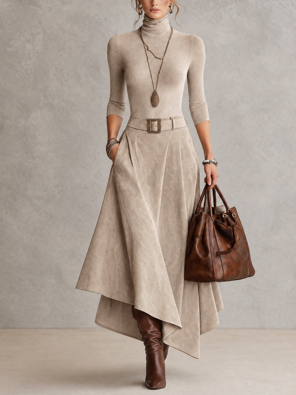 Céleste · Ensemble pull col roulé et jupe asymétrique en daim