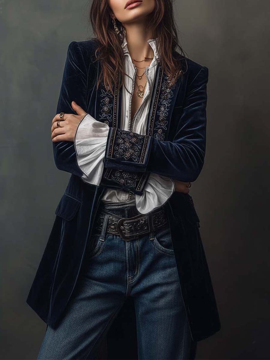 Arya | Veste longue vintage en velours de polyester bleu marine brodée