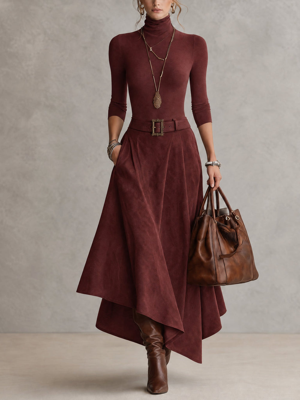 Céleste · Ensemble pull col roulé et jupe asymétrique en daim