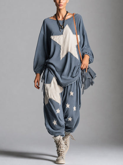 Olivia | Ensemble sweat-shirt oversize à patch étoile et pantacourt pour femme – Tenue décontractée de style streetwear, deux pièces, pour se détendre à la maison