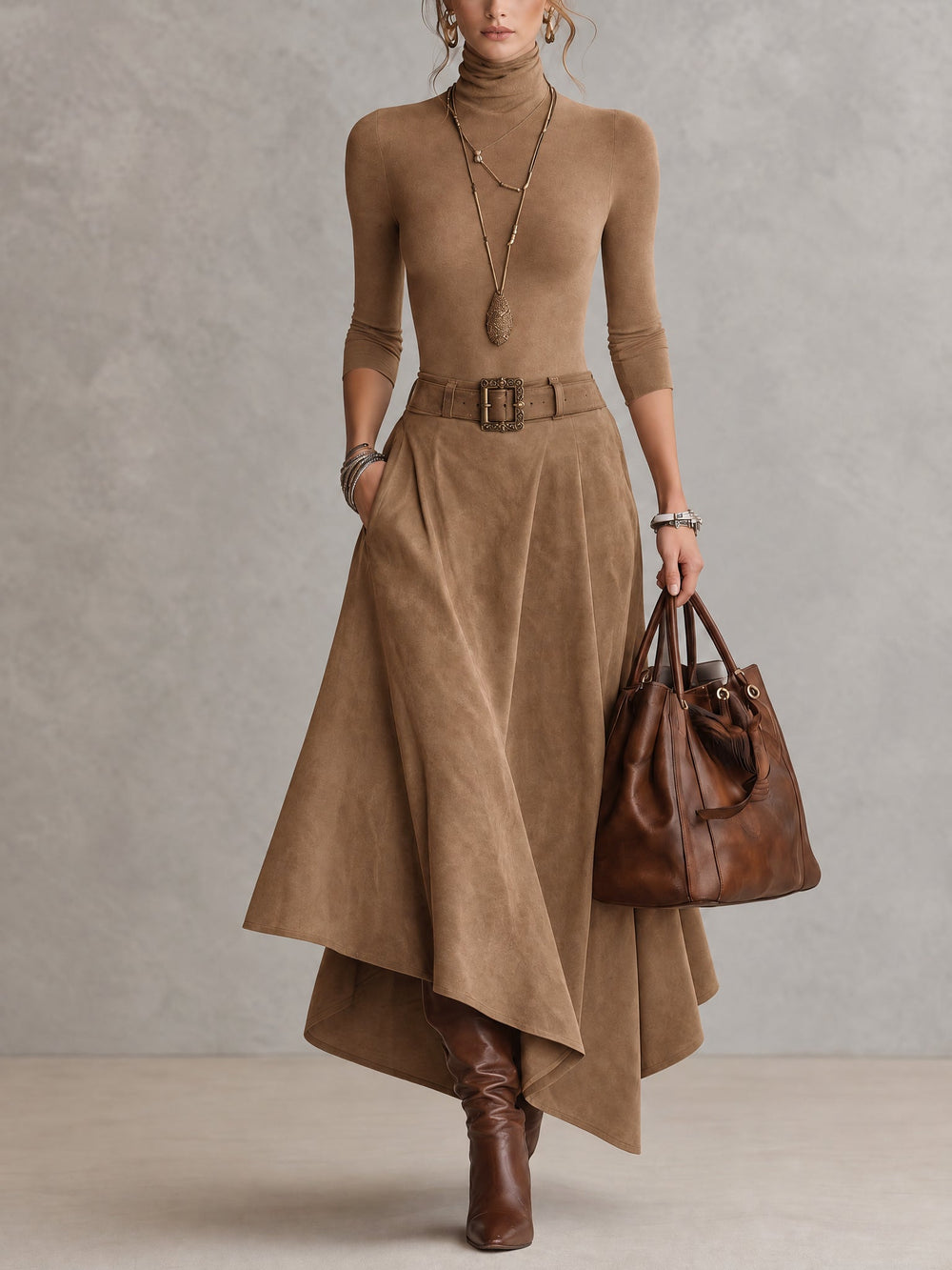 Céleste · Ensemble pull col roulé et jupe asymétrique en daim