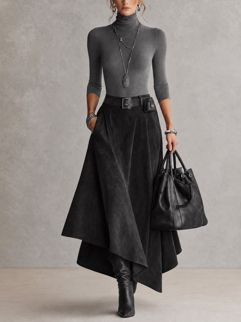 Céleste · Ensemble pull col roulé et jupe asymétrique en daim