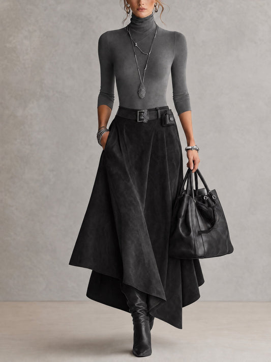 Céleste |Ensemble pull col roulé et jupe asymétrique en daim