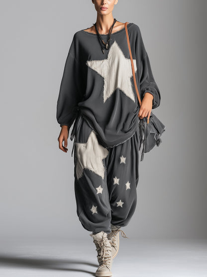 Olivia | Ensemble sweat-shirt oversize à patch étoile et pantacourt pour femme – Tenue décontractée de style streetwear, deux pièces, pour se détendre à la maison