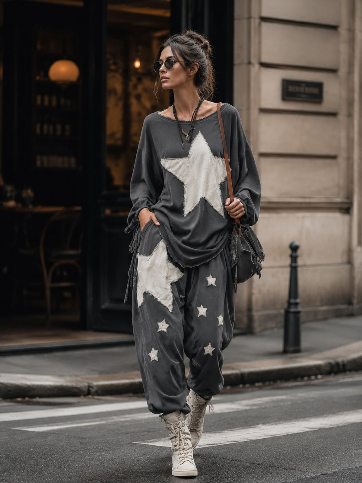Olivia | Ensemble sweat-shirt oversize à patch étoile et pantacourt pour femme – Tenue décontractée de style streetwear, deux pièces, pour se détendre à la maison