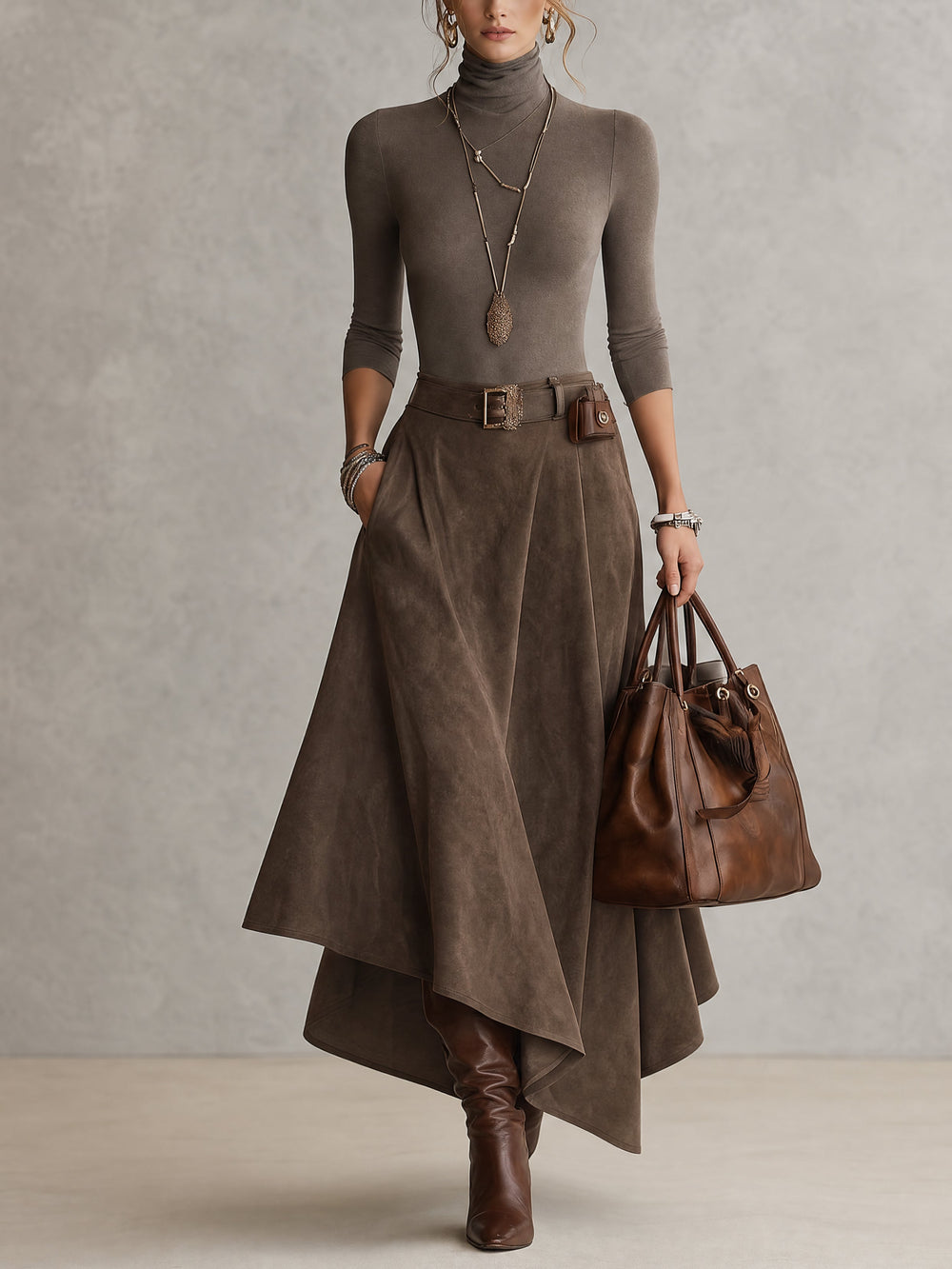 Céleste · Ensemble pull col roulé et jupe asymétrique en daim