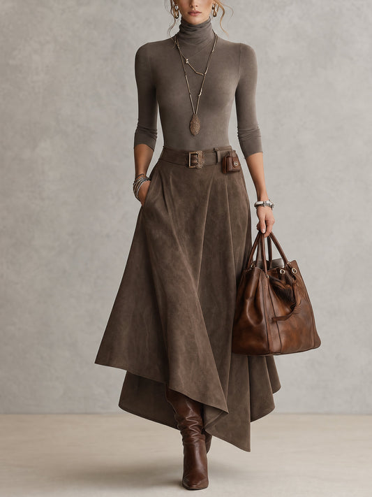 Céleste | Ensemble composé d'un haut à col roulé extensible taupe et d'une jupe asymétrique en daim