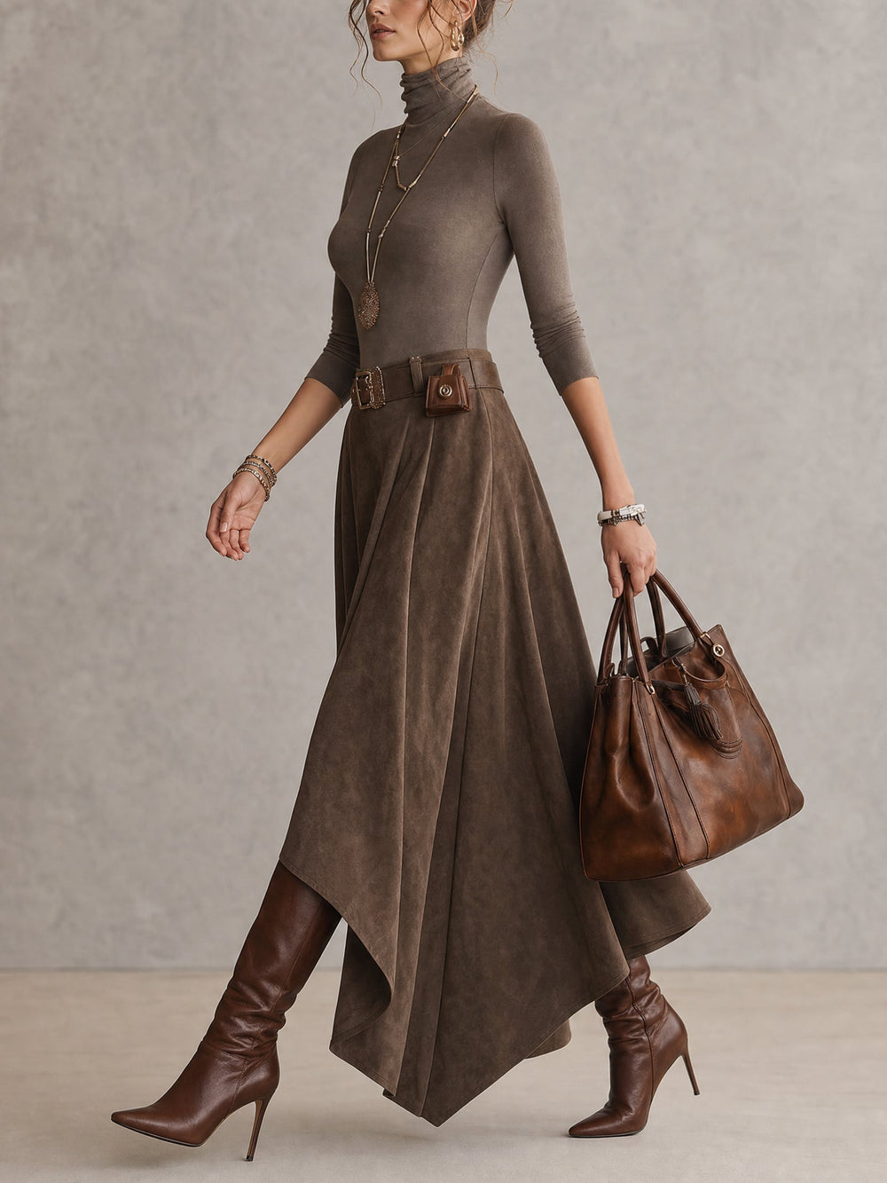 Céleste · Ensemble pull col roulé et jupe asymétrique en daim