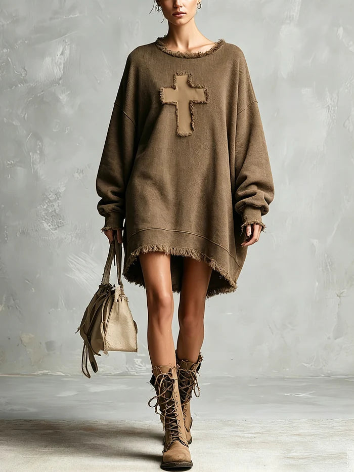 Manon | Robe-sweat oversize à manches longues et ourlet effiloché
