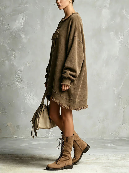 Manon | Robe-sweat oversize à manches longues et ourlet effiloché
