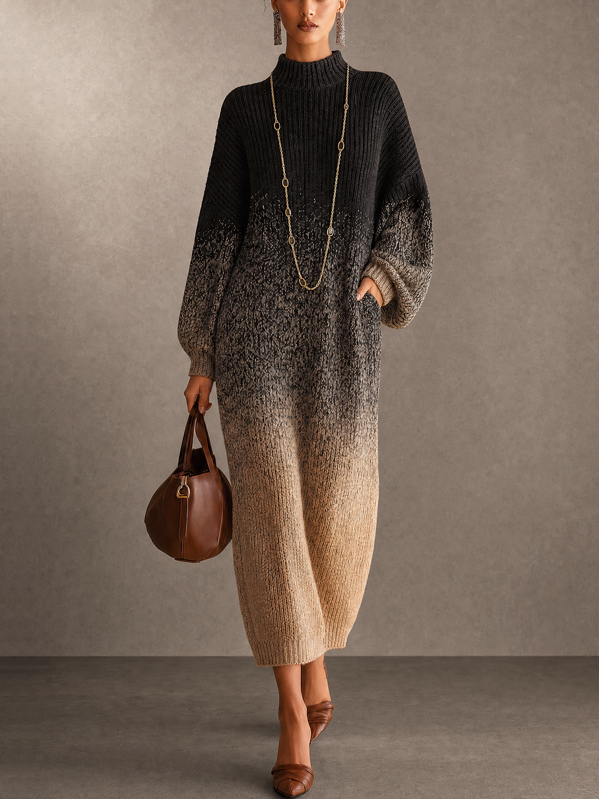 Selena | Robe longue en maille à col roulé, dégradé du noir au beige