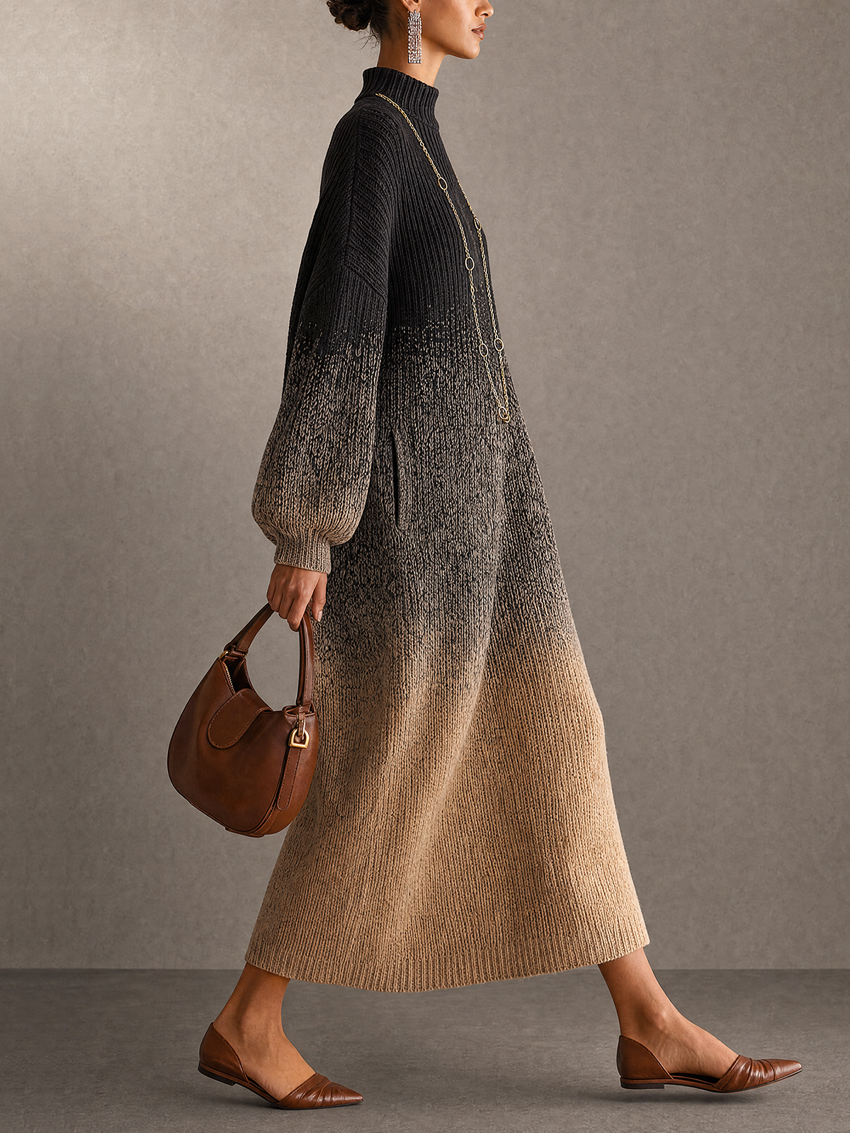 Selena | Robe longue en maille à col roulé, dégradé du noir au beige