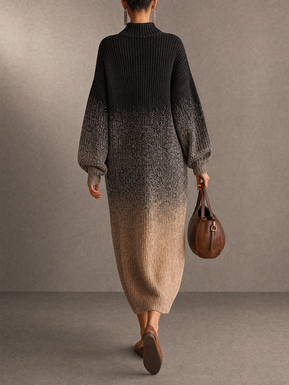 Selena | Robe longue en maille à col roulé, dégradé du noir au beige