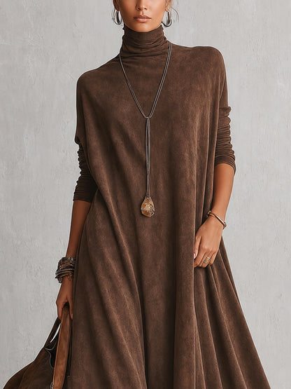 Solène | Robe longue à manches longues et ourlet en dentelle, effet daim marron vintage