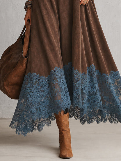 Solène | Robe longue à manches longues et ourlet en dentelle, effet daim marron vintage