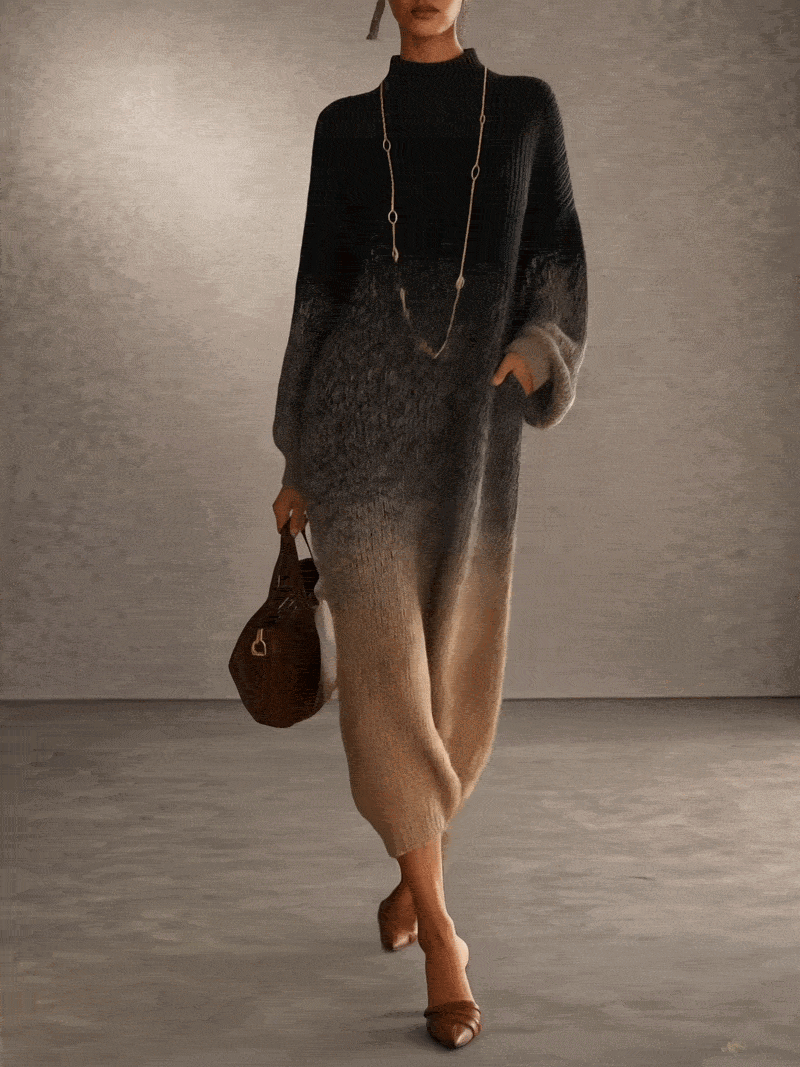 Selena | Robe longue en maille à col roulé, dégradé du noir au beige