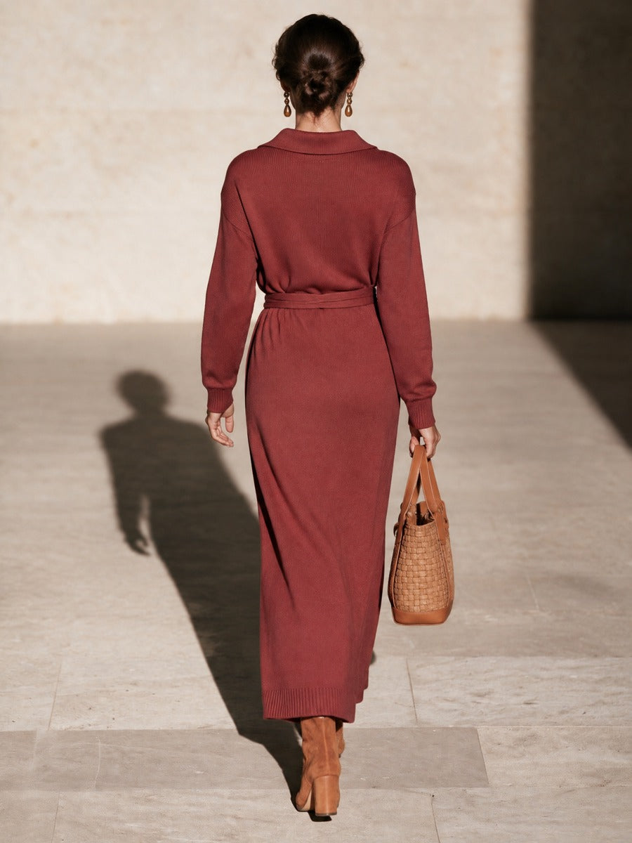 Mirabelle | Robe-pull longue en maille à col polo pour femme, couleur rouge rouille