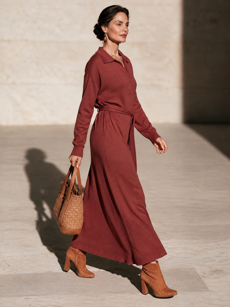 Mirabelle | Robe-pull longue en maille à col polo pour femme, couleur rouge rouille