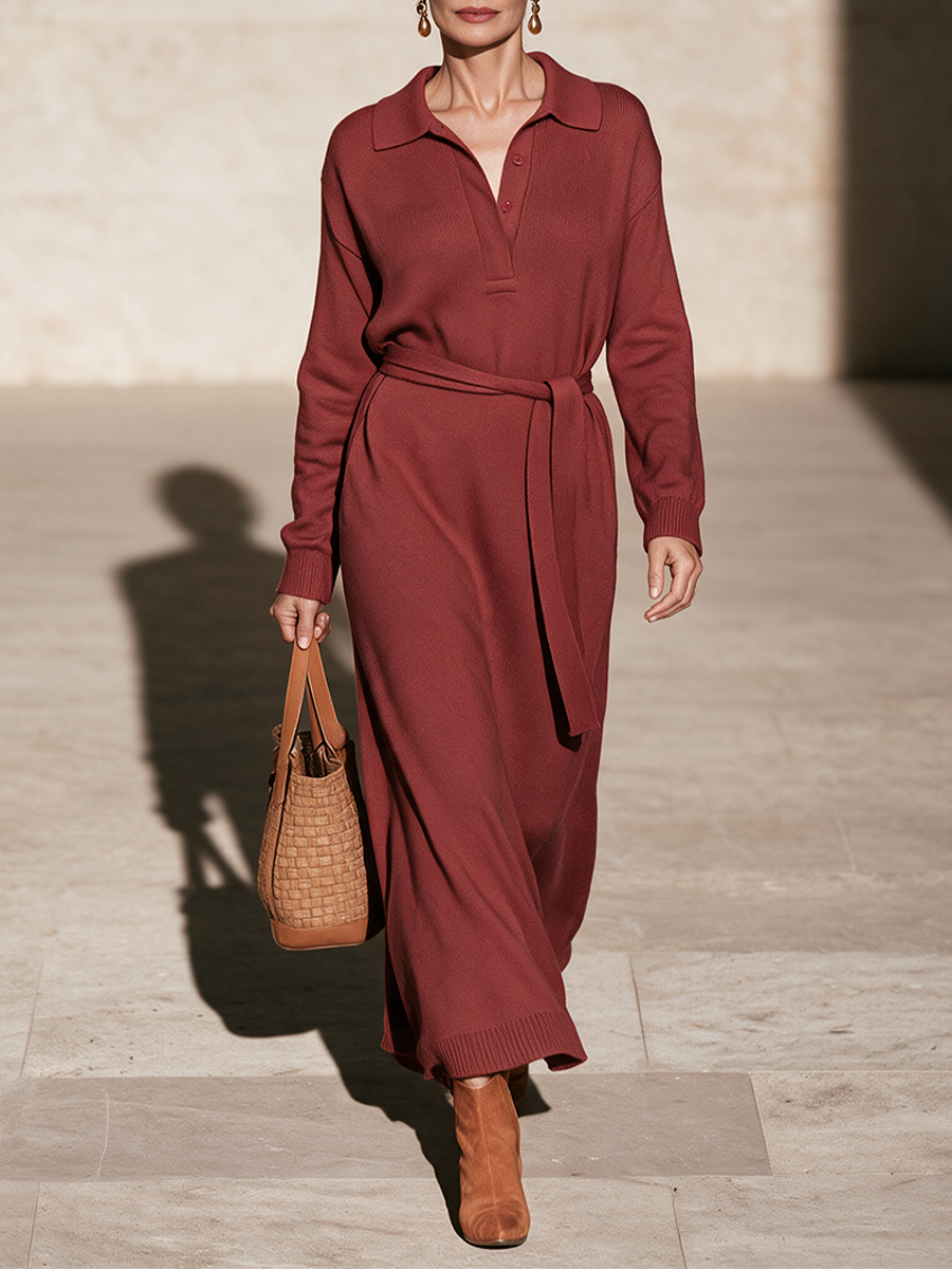 Mirabelle | Robe-pull longue en maille à col polo pour femme, couleur rouge rouille