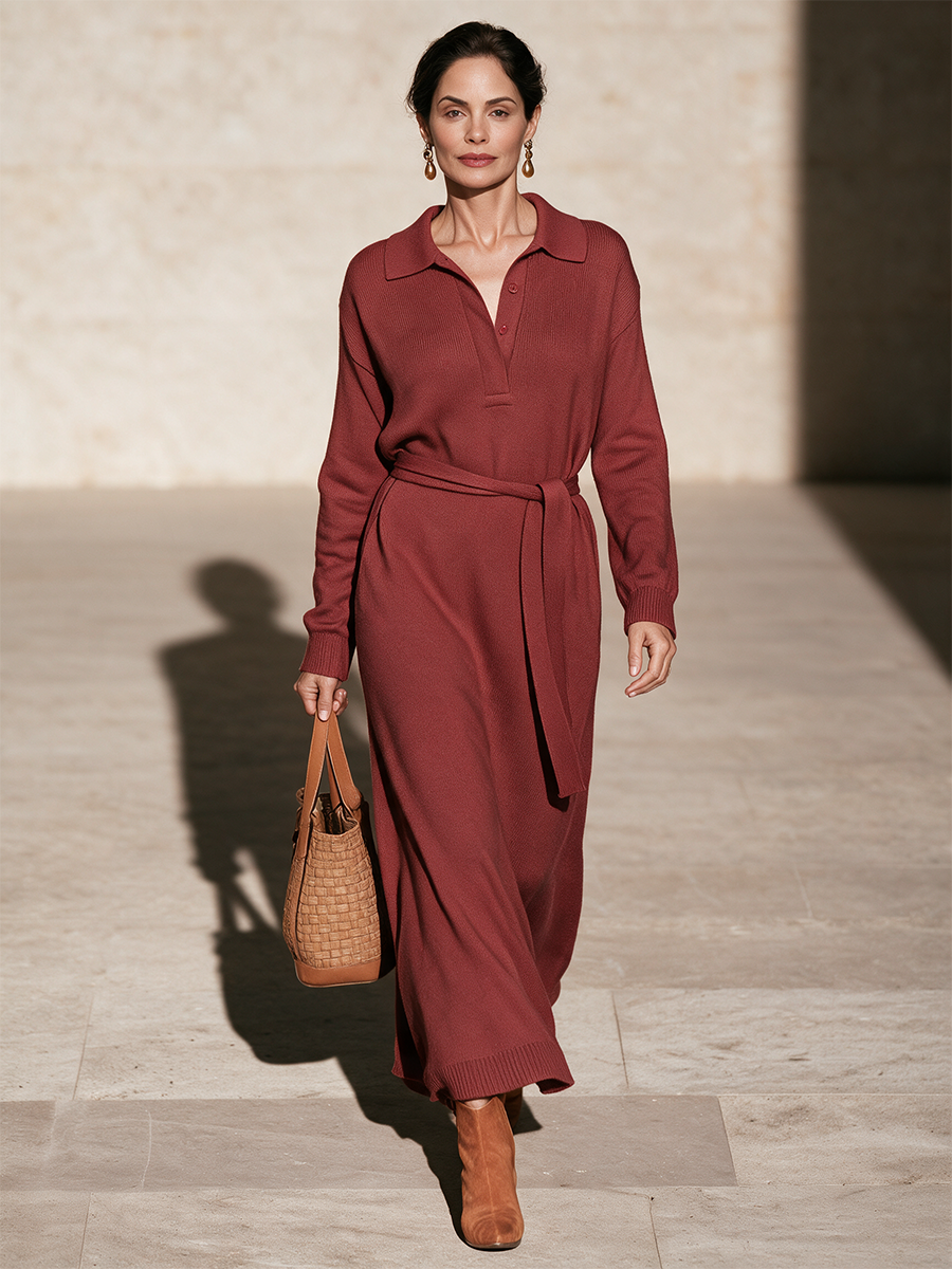Mirabelle | Robe-pull longue en maille à col polo pour femme, couleur rouge rouille