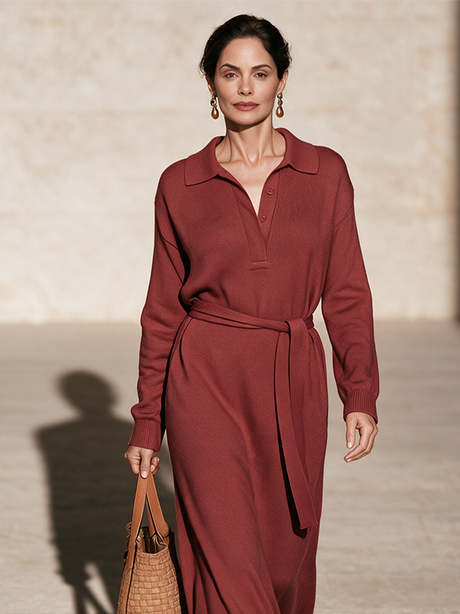 Mirabelle | Robe-pull longue en maille à col polo pour femme, couleur rouge rouille