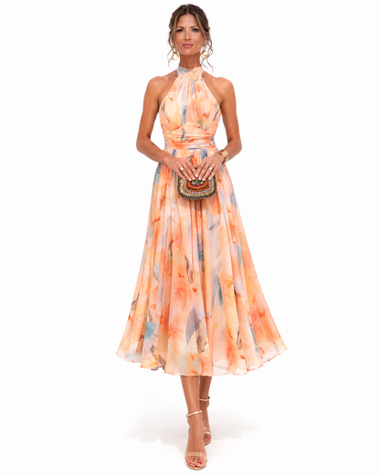 Aurora | Vestido con escote Halter y Estampado Acuarela