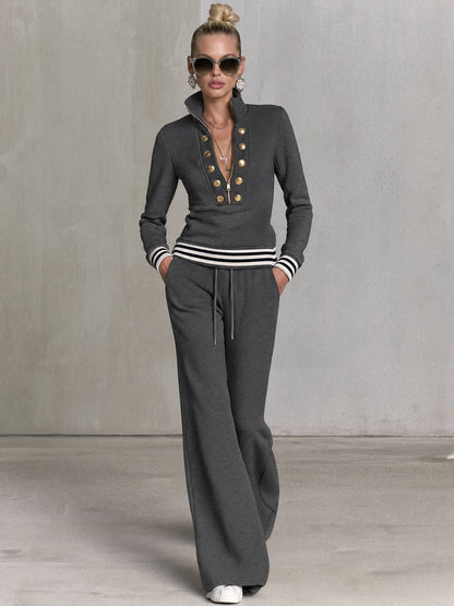 Roxane | Ensemble sportif gris sweat demi-zip & pantalon large