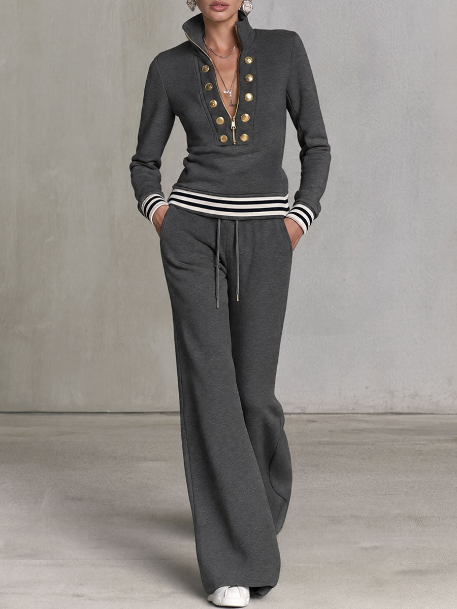 Roxane | Ensemble sportif gris sweat demi-zip & pantalon large