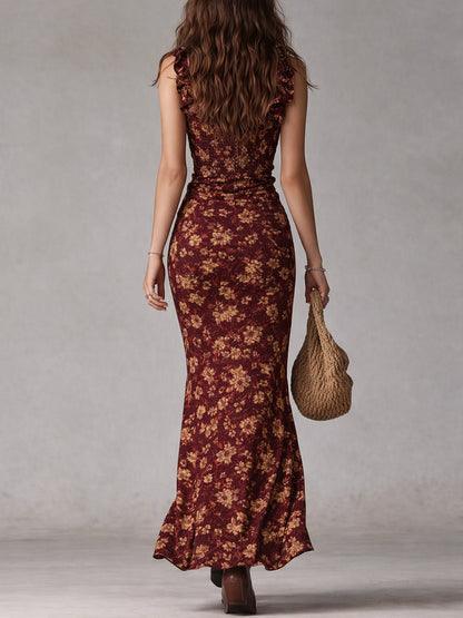 Eva | Robe longue bohème rétro à manches à volants et fente haute
