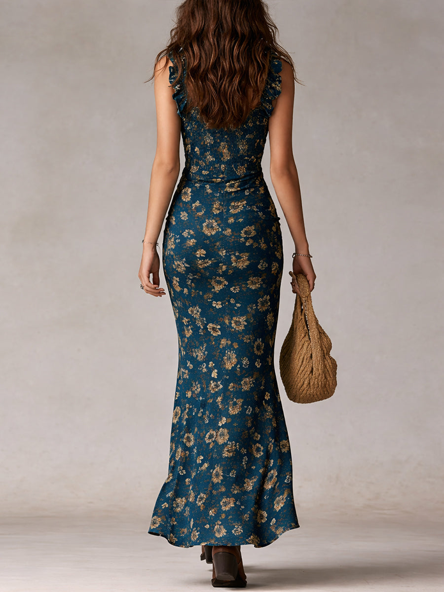 Eva | Robe longue bohème rétro à manches à volants et fente haute