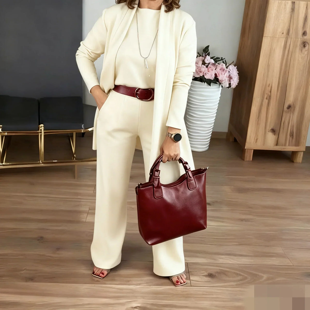 Iris |  Élégant ensemble 3 pièces composé d'un long cardigan, d'un haut et d'un pantalon