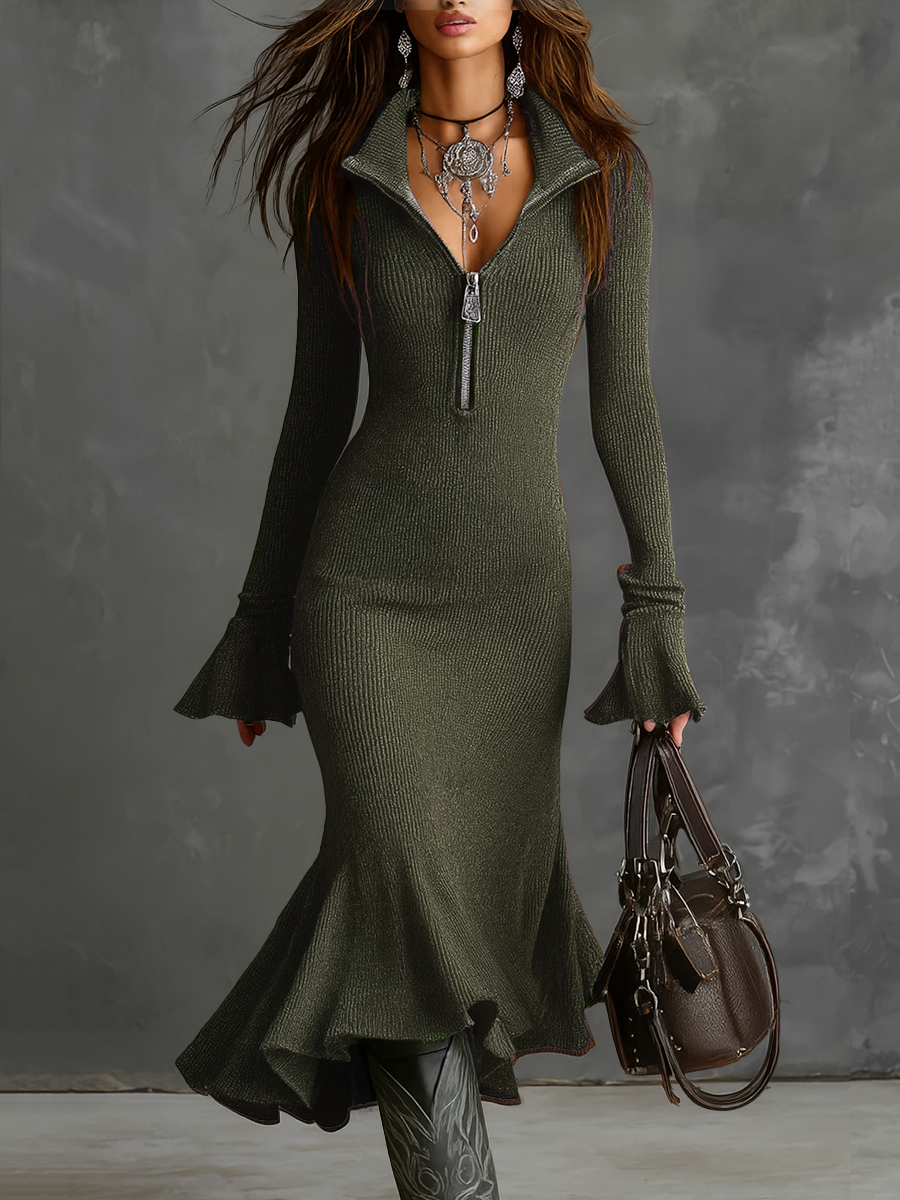 Valentine | Robe midi en maille à col zippé rétro et manches trompette