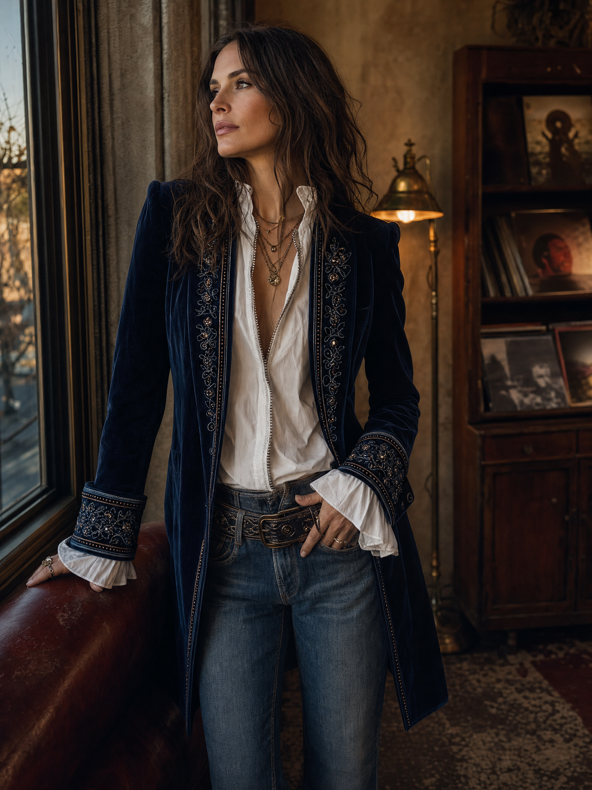 Arya | Veste longue vintage en velours de polyester bleu marine brodée