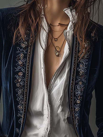 Arya | Veste longue vintage en velours de polyester bleu marine brodée