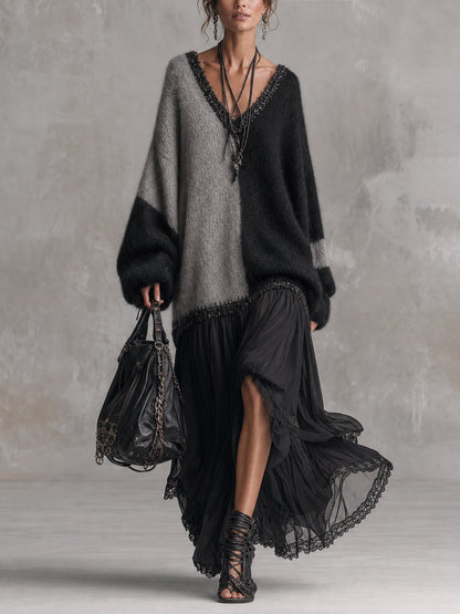 Capucine | Robe longue oversize en maille, effet patchwork de mousseline noire et grise