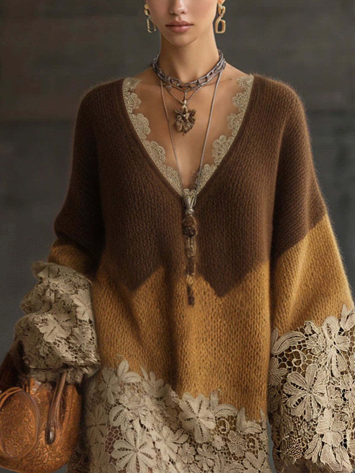 Lotus | Mini-robe oversize à manches longues en maille dentelle, effet ombré marron