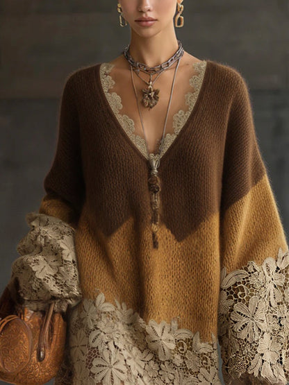 Lotus | Mini-robe oversize à manches longues en maille dentelle, effet ombré marron