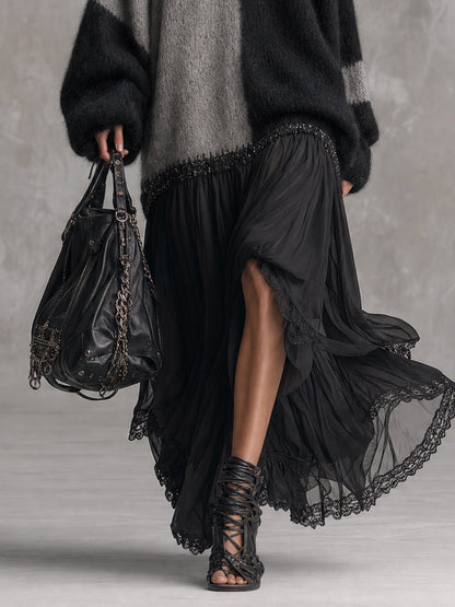 Capucine | Robe longue oversize en maille, effet patchwork de mousseline noire et grise
