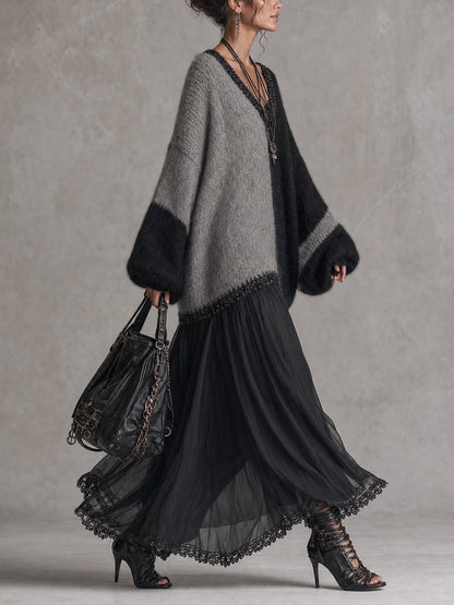 Capucine | Robe longue oversize en maille, effet patchwork de mousseline noire et grise