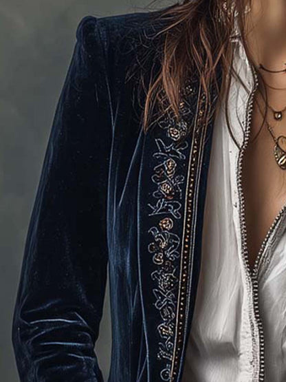 Arya | Veste longue vintage en velours de polyester bleu marine brodée