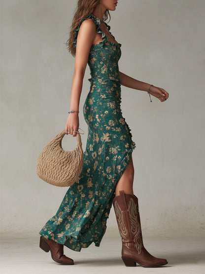 Eva | Robe longue bohème rétro à manches à volants et fente haute