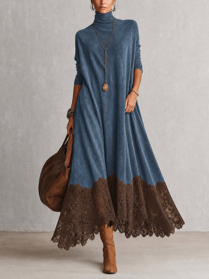 Solène | Robe longue à manches longues et ourlet en dentelle, effet daim marron vintage