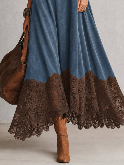 Solène | Robe longue à manches longues et ourlet en dentelle, effet daim marron vintage